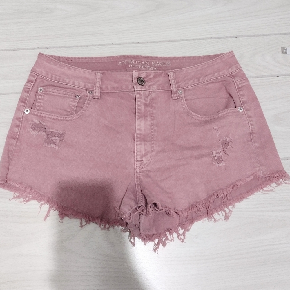 American Eagle Pink Denim Factory Distressed Cutoff Shorts Women Size 12.